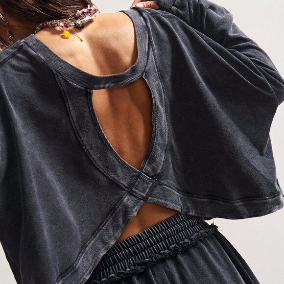 Black Casual Women's Washed Knit Long Sleeve Loose Backless Sweatshirt & pants - Picture 2 of 8